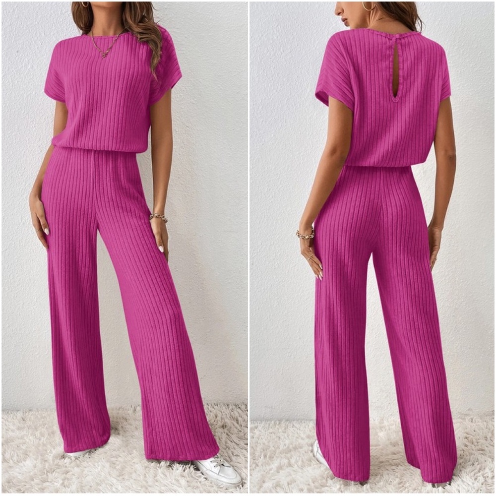 01 Solid Color Ribbed Short Sleeve Wide Leg Jumpsuit - Picture 2 of 4